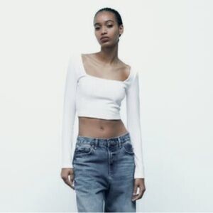 Zara White Long Sleeve Square Neck Top Ribbed Size Small